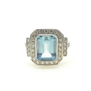 3ct Emerald Cut Aquamarine and Diamond Cluster Dress Ring in 18ct White Gold