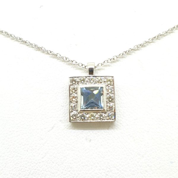 0.60ct Princess Cut Aquamarine and Diamond Square Cluster Pendant
