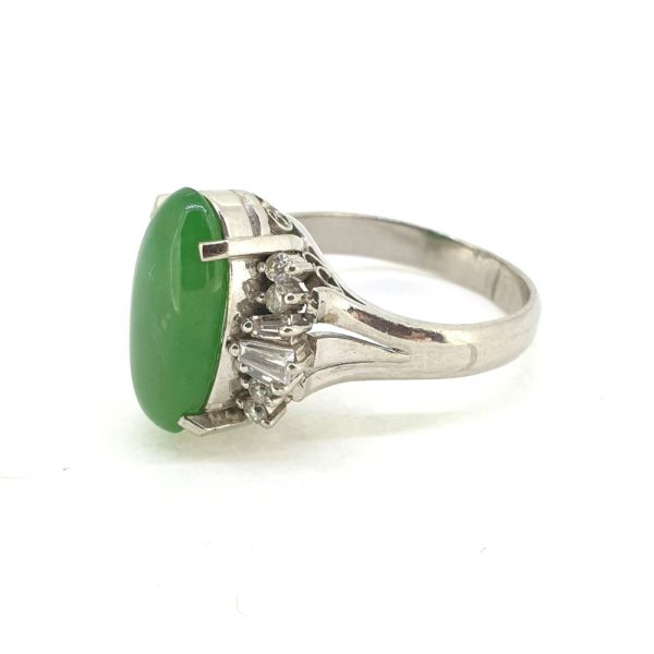 Oval Cabochon Jadeite Jade Ring with Brilliant and Baguette Diamonds