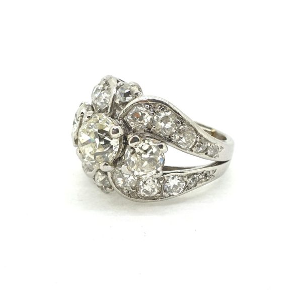 Old Cut Diamond Three Stone Cluster Buckle Dress Ring, 3.50 carat total