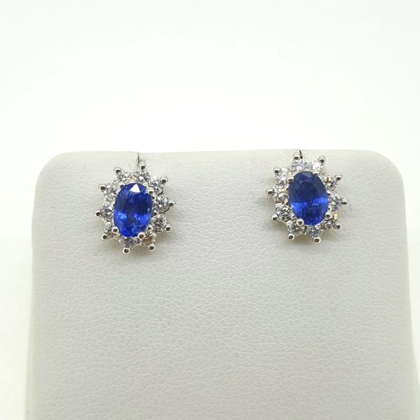 Oval Blue Sapphire and Diamond Cluster Earrings