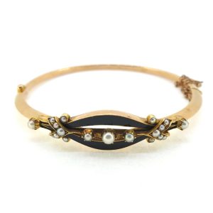 Victorian Antique Yellow Gold Bangle Bracelet with Black Enamel and Pearls