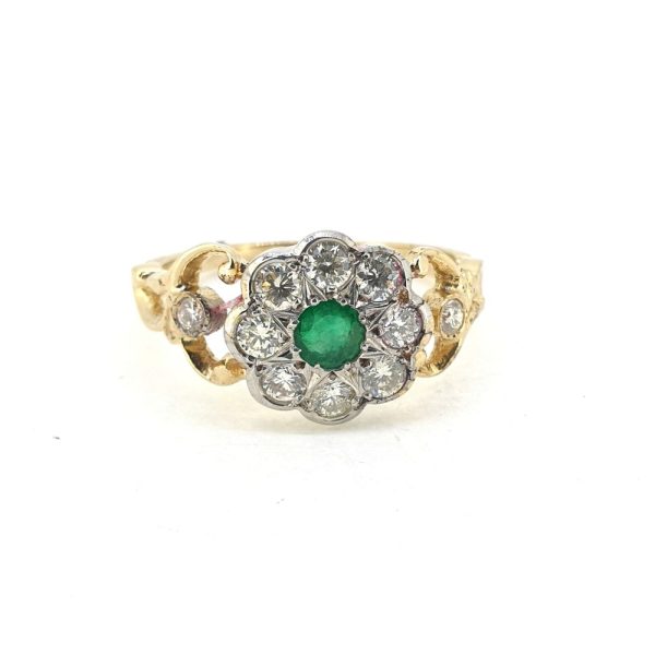 Emerald and Diamond Flower Cluster Dress Ring in 18ct Yellow Gold