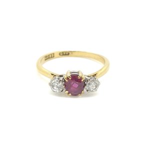 Vintage 1960s Ruby and Diamond Three Stone Engagement Ring in 19ct Yellow Gold