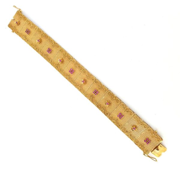 18ct Yellow Gold Panel Bracelet with Rubies stamped Brevetto