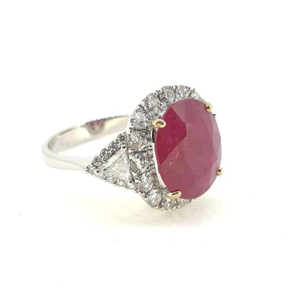 4.79ct Oval Ruby and Diamond Cluster Dress Ring with diamond split shoulders