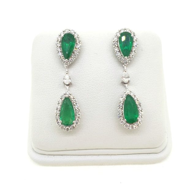 4.62ct Pear Cut Emerald and Diamond Double Cluster Drop Earrings in 18ct White Gold