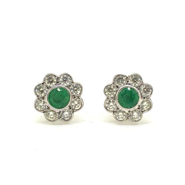 0.80ct Emerald and 1ct Diamond Daisy Flower Cluster Stud Earrings