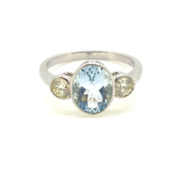 1.60ct Oval Aquamarine and Diamond Three Stone Engagement Ring in Platinum