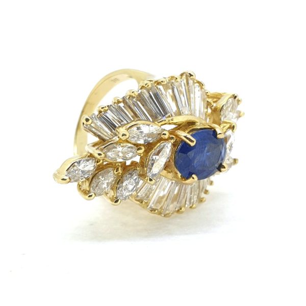 1.50ct Sapphire and 5ct Baguette and Marquise Diamond Cluster Cocktail Ring in 18ct Yellow Gold