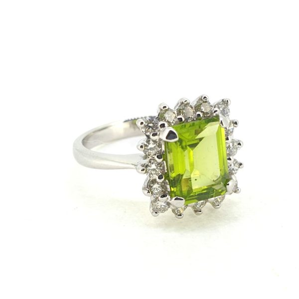 4.68ct Emerald Cut Peridot and Diamond Cluster Ring