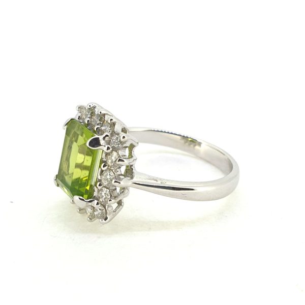 4.68ct Emerald Cut Peridot and Diamond Cluster Ring