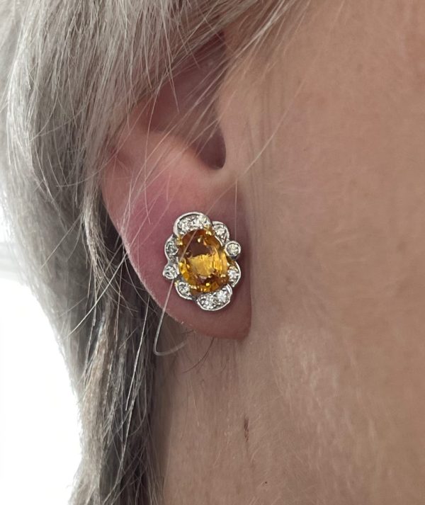 Modern 2.71ct Yellow Sapphire and Diamond Cluster Earrings