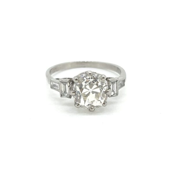 Vintage 2.25ct Cushion Cut Diamond Solitaire Engagement Ring with Baguette Shoulders in Platinum with Certificate