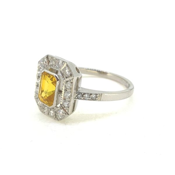1.50ct Emerald Cut Yellow Sapphire and Diamond Cluster Ring in 18ct White Gold