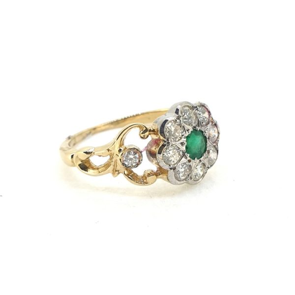 Emerald and Diamond Floral Cluster Ring in 18ct Yellow Gold