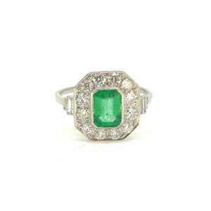 1ct Emerald Cut Emerald and Diamond Cluster Engagement Ring in Platinum