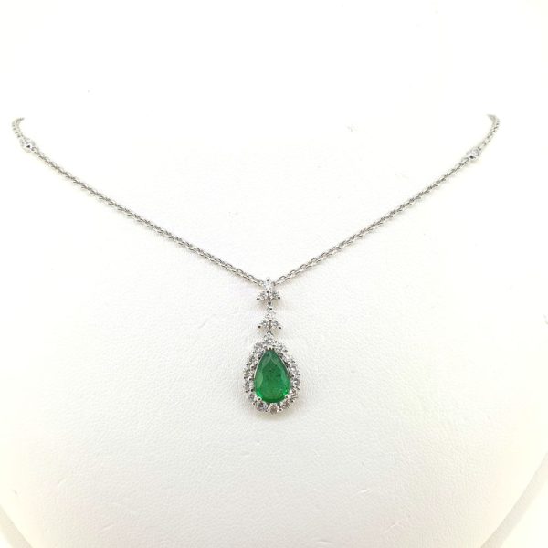 1.05ct Pear Cut Emerald and Diamond Cluster Pendant with Chain
