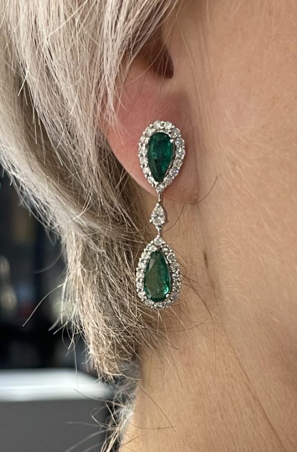 Pear Cut Emerald and Diamond Double Cluster Drop Earrings, 4.62 carats