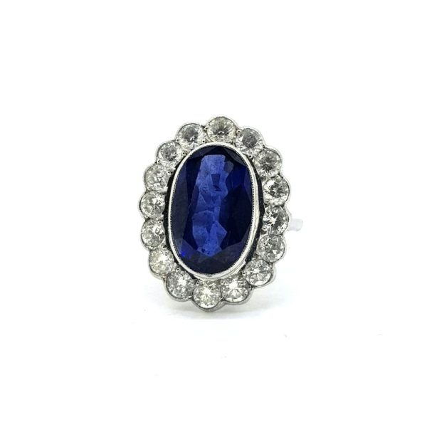 4.11ct Blue Sapphire and Diamond Oval Cluster Ring in 18ct White Gold
