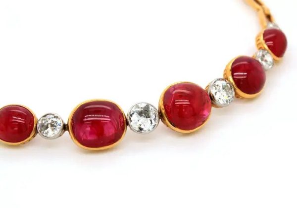 19th Century Antique 30ct Cabochon Burmese Ruby and 6ct Old Cut Diamond Bracelet-come-Necklace