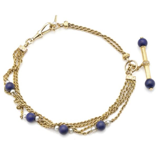 19th Century Antique Gold Chatelaine Bracelet with Lapis Lazuli and Pearls