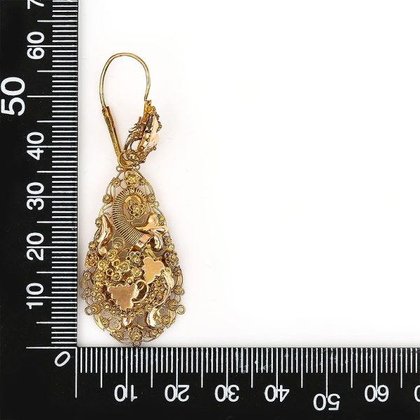 Antique Dutch Etruscan Cannetille Filigree 18ct Yellow Gold Floral Drop Earrings