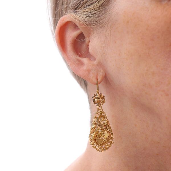 Antique Dutch Etruscan Cannetille Filigree 18ct Yellow Gold Floral Drop Earrings