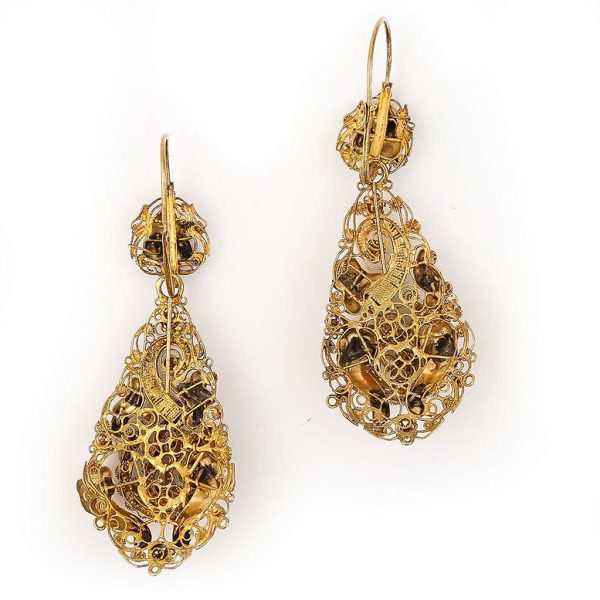 Victorian Antique Dutch Etruscan Cannetille Filigree 18ct Yellow Gold Floral Drop Earrings