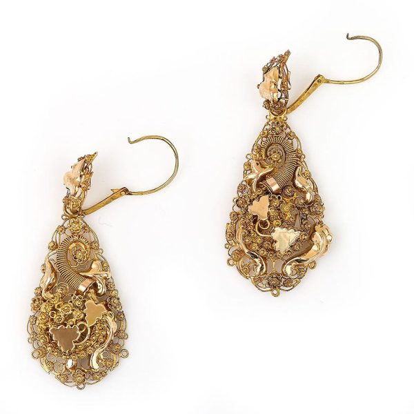 Victorian Antique Dutch Etruscan Cannetille Filigree 18ct Yellow Gold Floral Drop Earrings