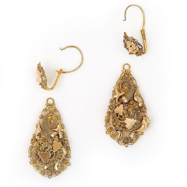 Victorian Antique Dutch Etruscan Cannetille Filigree 18ct Yellow Gold Floral Drop Earrings with detachable drops