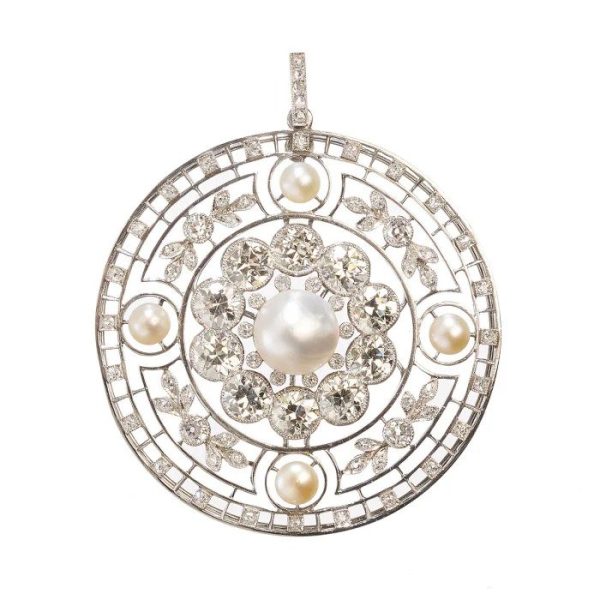 Edwardian Antique 5.90ct Diamond and Pearl Pendant in Platinum