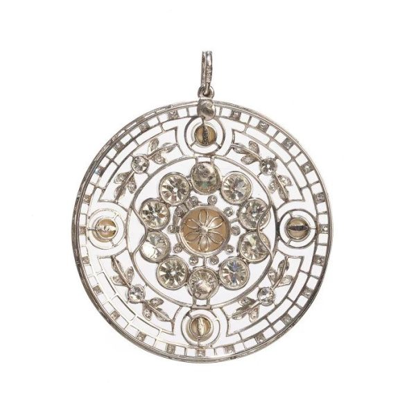 Edwardian Antique Natural Pearl and 5.90ct Diamond Pendant in Platinum