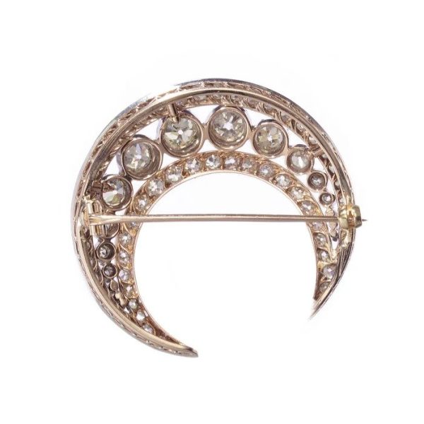 Antique Victorian Old Cut Diamond Crescent Moon Brooch in Silver Upon Gold