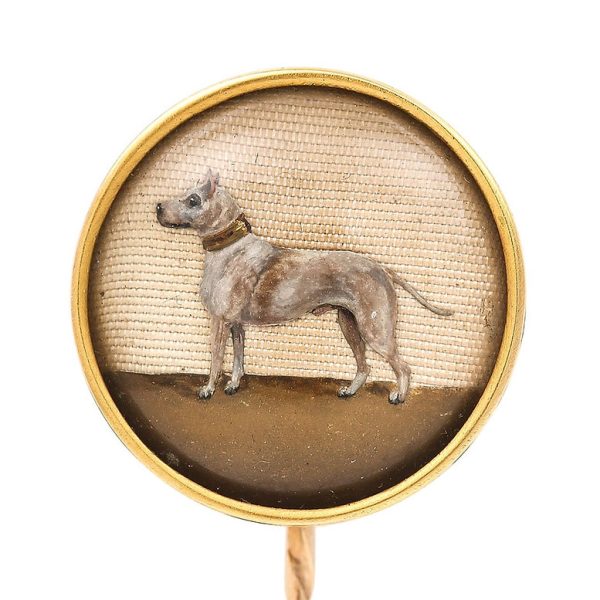Antique Victorian Large Terrier Dog Essex Crystal 15ct Gold Stick Pin