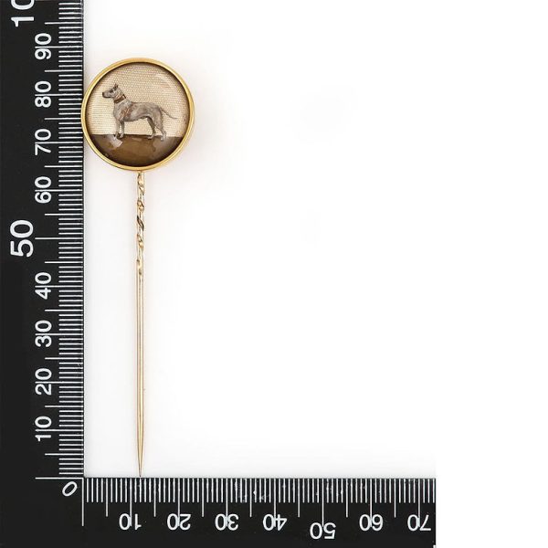 Antique Victorian Large Essex Crystal 15ct Gold Stick Pin depicting large white terrier dog