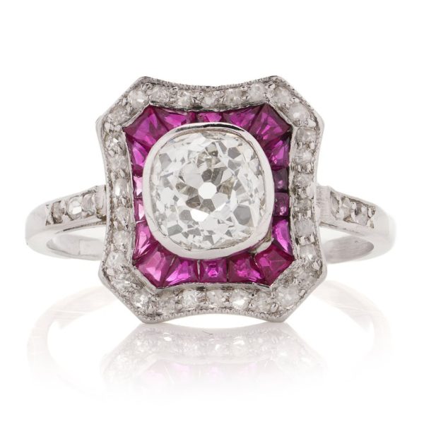Art Deco 1.50 Old Mine Cut Diamond and Ruby Cluster Ring in Platinum