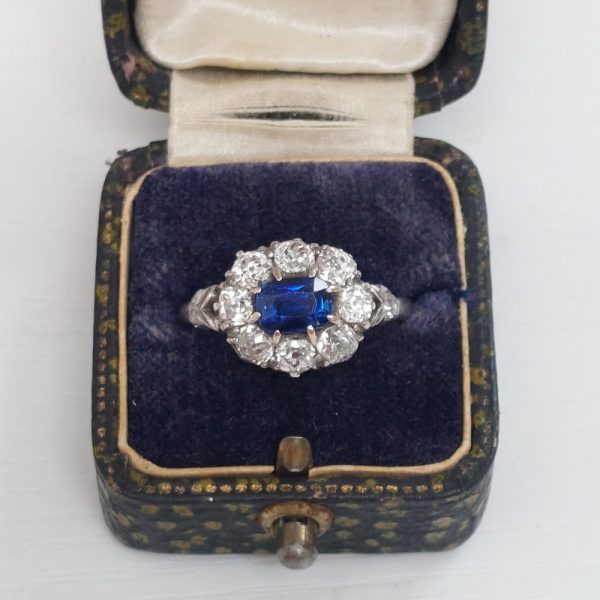 Art Deco Antique Sapphire and Old Cut Diamond Cluster Ring