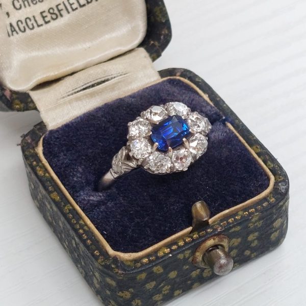 Art Deco Antique Sapphire and Old Cut Diamond Cluster Ring