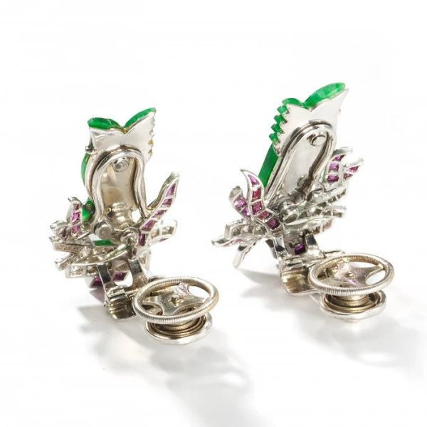 Art Deco Jade Ruby Diamond Platinum Phoenix Bird Clip On Earrings