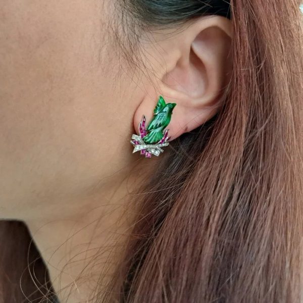 Art Deco Jade Ruby Diamond Platinum Phoenix Bird Clip On Earrings