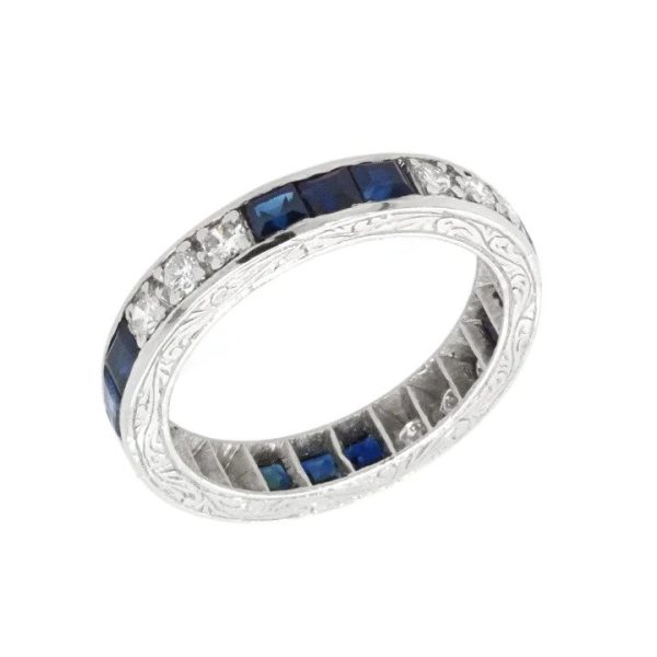 Art Deco Sapphire and Diamond Full Eternity Band Ring in Platinum
