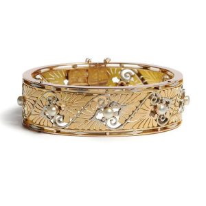 Antique Art Nouveau French Pearl Gold Bangle Bracelet