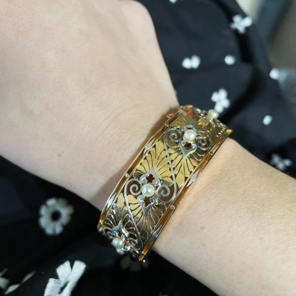 Antique Art Nouveau French Pearl Gold Bangle Bracelet