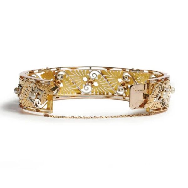 Antique Art Nouveau French Gold Bangle Bracelet with Bouton Pearls