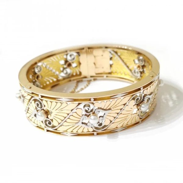 Antique Art Nouveau French Gold Bangle Bracelet with Pearls