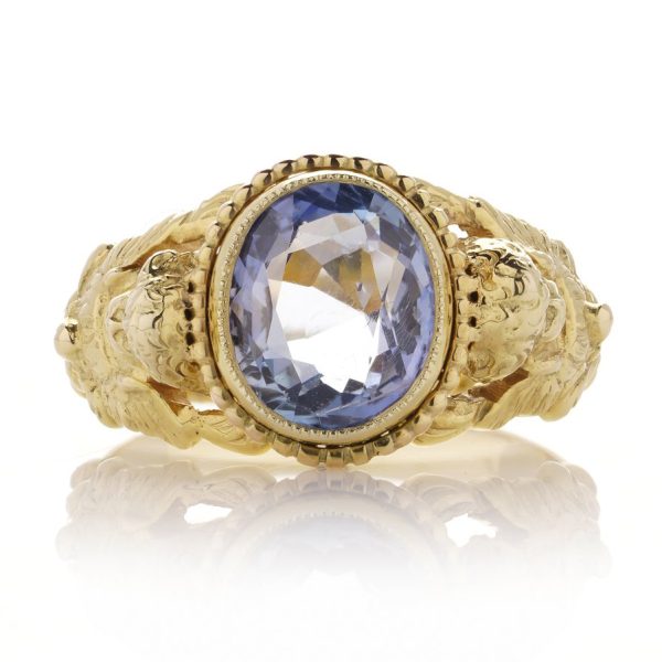 Antique Art Nouveau Natural Sapphire and Gold Cherub Ring