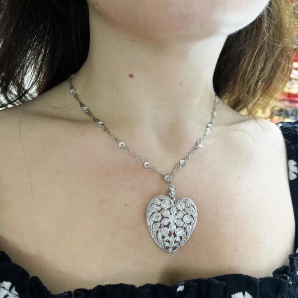 Antique Belle Epoque 12cts Old Cut Diamond Heart Pendant and Chain in Platinum