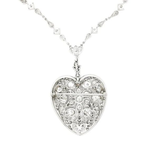 Antique Belle Epoque 12cts Old Cut Diamond Platinum Heart Pendant and Chain