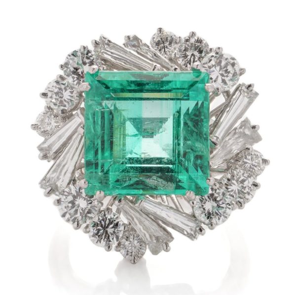 Vintage 12ct Colombian Emerald and Diamond Cluster Cocktail Ring